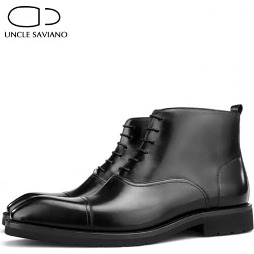 Uncle Saviano Solid Winter Black Mens Boots Shoes Work Boots Add Velvet Fashion Designer Shoes Men Genuine Leather Concise