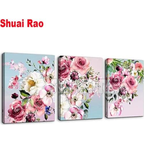 Pink rose flower 3 pcs diamond embroidery full round 3d diy diamond painting mosaic cross stitch kit diamant painting set