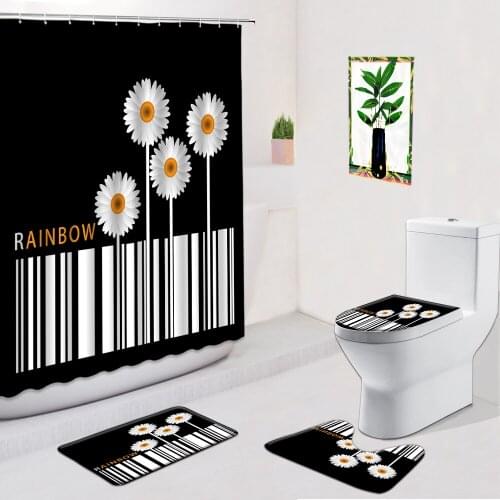 Daisy flower Bathroom Set Shower Curtain Black And White Stripes Floral Flannel Non-Slip Rug Bath mats Toilet Cover Mat Foot Pad