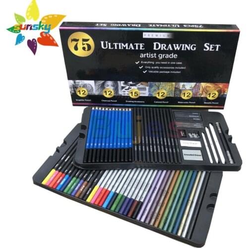 Yover 75 PCS Drawing pencil suit Sketch kit 60 assorted high-quality, artist grade Pencils 15 High-quality Drawing Acessories