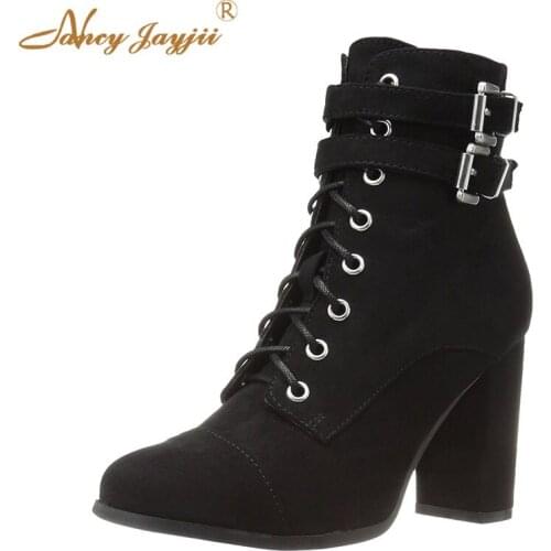 Women shoes Adult Ladies Boots Black solid Ankle Cross-tied Buckle Strap Zipper Square heels Round Toe Sexy Nancyjayjii 2019