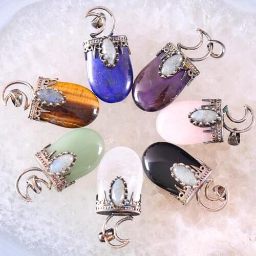 Charm Necklace Pendant Natural Stone Gem Mixed colors Labradorite Oval Bead Antique Crown Half Moon Jewery Gift 1Pcs