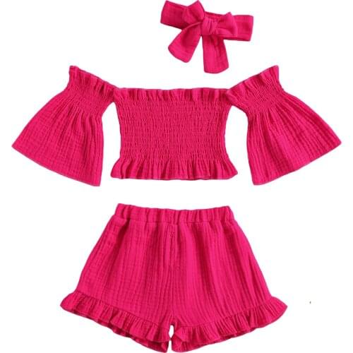 1-6 Years Summer Fashion Girls Clothes Sets 3pcs Solid Off Shoulder Flare Sleeve Pullover Strap T Shirts Tops Shorts Headband