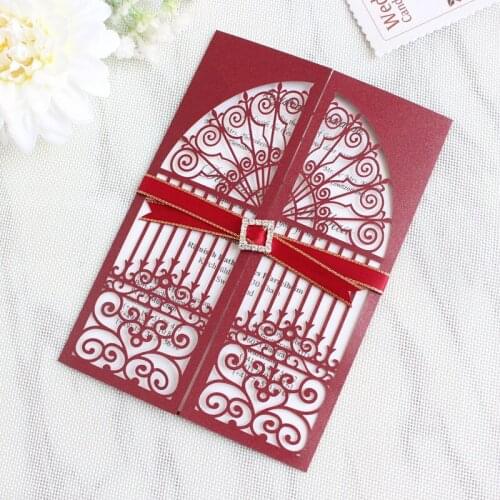Burgundy wedding invitation with glittery rhinestone lace decorated palace gate folded laser cutting invites 50pcs/lot