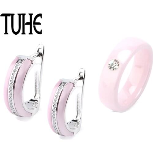 Romantic Pink Ceramic Jewelry Set U Shaped Earrings And 6MM Ceramic Ring With Single Crystal For Women Fashion Christmas Gifts