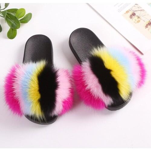 Womens Summer Fox Fur Slippers Cute Rainbow Striped Furry Slides Ladies Plush Sandals Wholesale Shoes Girls Fluffy Flip Flops
