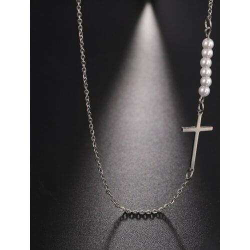 Skyrim Simple Gothic Pearl Cross Necklace for Women Fashion Stainless Steel Collier New Luxury Jewelry Street Wear Females Gift