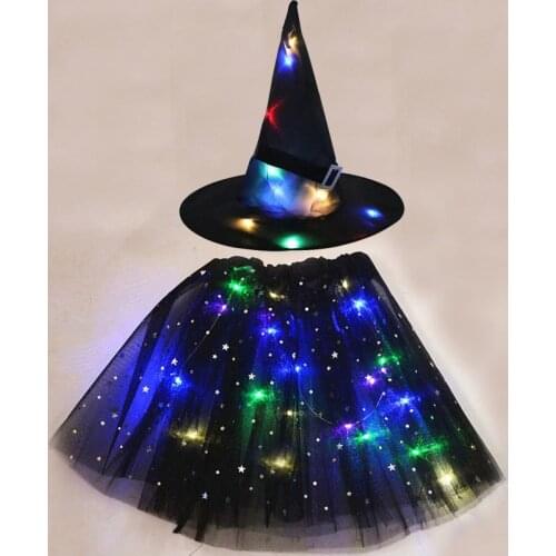 LED Glowing Lights Witch Hat With Skirt Halloween Costume for Women Kids Girls Wizard Cosplay Props Party Christmas New Year