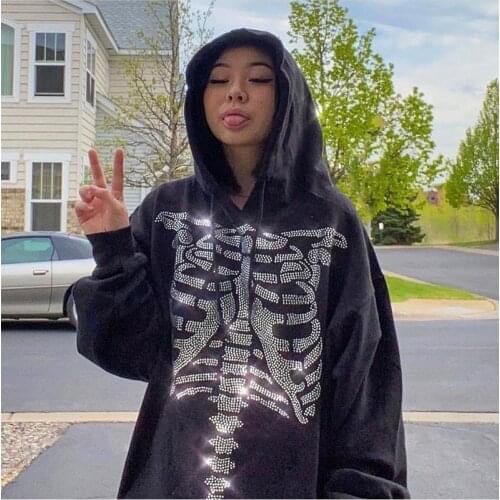2021 New Women’s Autumn Hooded Sweatshirts Coats Casual Womens Long Sleeve Zipper Up Halloween Bones Pattern Sequins Hoodies