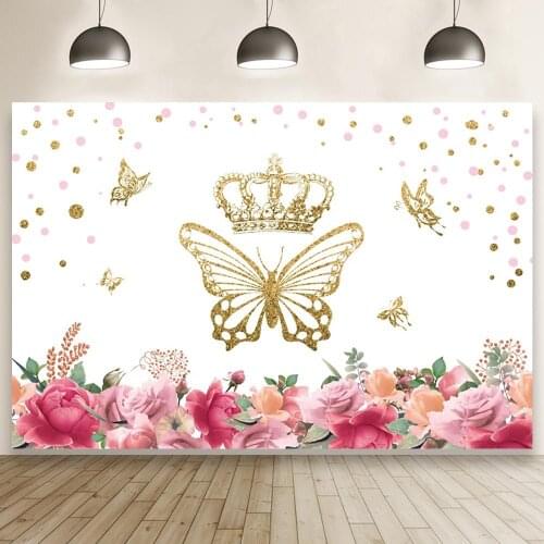 Beautiful Golden Butterfly Crown Flowers Party Background Baby Show Decoration Photography Photo Kid Newborn Bath Vinyl Backdrop