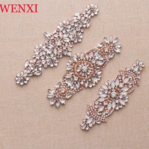 WENXI (5pcs) Wholesale Bridal Hand Beaded Sewing Crystal Rhinestones Appliques For Wedding Dress Belt Rose Gold Beaded
