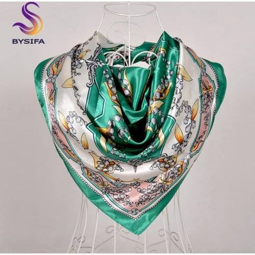 [BYSIFA] Silk Scarf Winter Women Green White Head Hijab Scarves Shawls New Floral Design Kerchief Bandana Satin Square Scarves