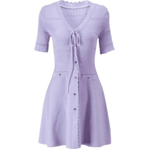 Knitted Dress 2021 Autumn Winter Fashion Style Women V-Neck Button Deco Short Sleeve Slim Fit A-Line Casual Black Purple Dress