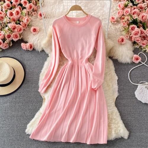 Sweater Dress Midi Knitted Pleated Autumn Winter Long Sleeve Dress Woman Vintage Elegant Party Dresses For Women 2021 Korean New