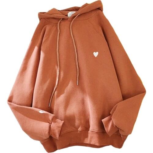 Winter Rust Red Women Hoody Sweatshirt Embroidery Love Heart Harajuku Pullover Long Sleeve Loose Fleece Lady Tops S-XXL