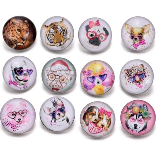 12pcs/lot Lovely Cute Animal Pattern Charms 18mm Glass Snap Button For DIY Bracelet Snaps Jewelry KZ0222