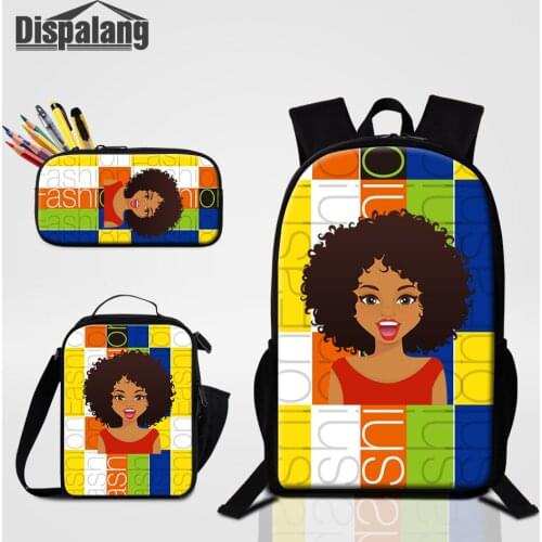 3PCS Bookbag Set 600D Polyester Sublimation School Bag With Pencil Case Food Cooler Bags African Black Girl Printing Backpack