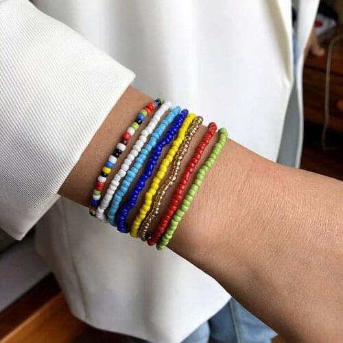 8 PCS / Set Bangle For Women Boho Simple Sweet Colorful Acrylic Seeds Beaded Bracelet Femme High Stretch String Beads Bileklik