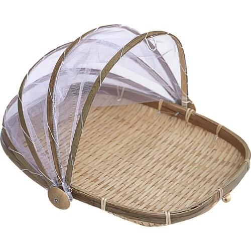 Handmade Bamboo Woven Food Fruit Anti Flies Insect Net Mesh Cover Tent Storage Basket Sundry Container Kitchen Storage Tray