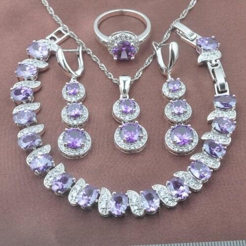 Noble Purple Crystal Silver Color Fashion Jewelry Set For Women Earring Necklace Pendant Ring Bracelet Hot Sale YZ0489