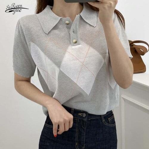 Pure color short-sleeved womens blouse French diamond knitted blouse women 2021 summer new style comfortable shirt women 15680