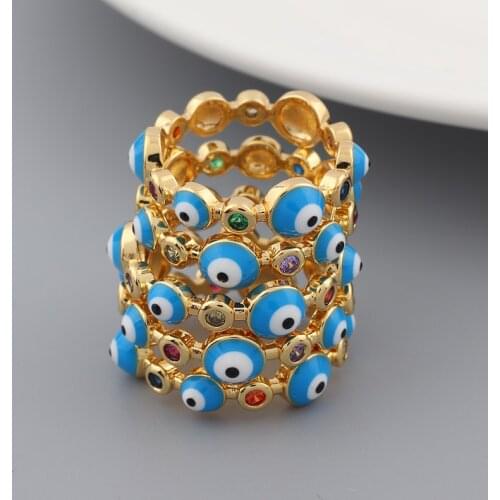 Bohemian Rainbow Turkish Lucky Evil Eye Rhinestone Filled Rings For Women Blue Boho Devil Eyes Ring Enamel Jewelry Mujer Bijoux