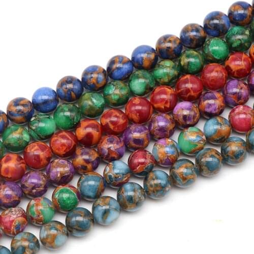 Natural Stone Cloisonne Beads 6/8/10/12mm Gold Blue Red Colorful Round Spacer Beads For Jewelry DIY Making Bracelet 15