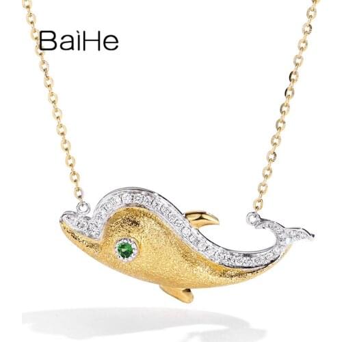 BAIHE Solid 18K White+Yellow Gold 0.03ct Tsavorite 0.16ct Natural Diamonds Fine Jewelry dolphin Pendant Necklace for Women