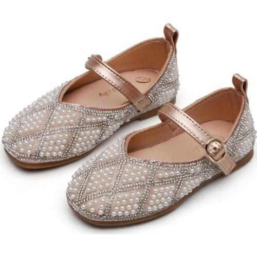 Childrens Leather Shoes 2021 Spring New Girls Shallow Mouth Pearl Single Shoes for Children Performance Pearl Shoe