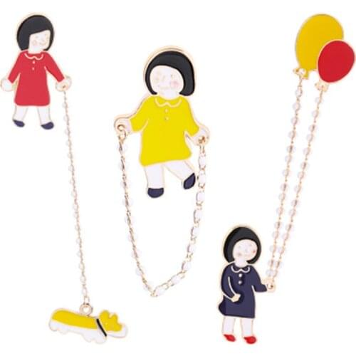 Cute Girls Walking the dog Jumpping rope Balloon Chain Brooches Enamel Pin Cartoon Child Brooch Lapel Pin Badge luxury Art Gift