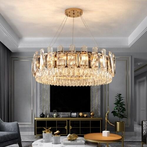 Living Room Modern Luxury E14 Led Pendant Lights Lustre K9 Crystal Pendant Lamp Gold Round Hanging Lamp Art Deco Indoor Lighting