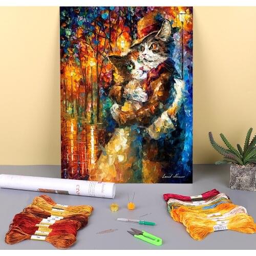 Oil Painting Style Cat Hug Printed Fabric 11CT Cross Stitch Set DIY Embroidery DMC Threads Handiwork Hobby work Adults