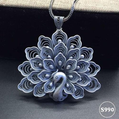 Thai Silver Peacock Pendant New Fashion Animal 100% Pure S990 Sterling Silver Handmade Peacock Pendants for Women Men Jewelry