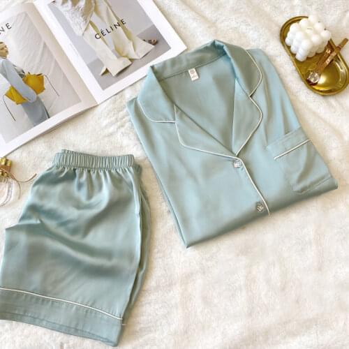 2021 Summer Short Loungewear Homewear Solid Satin Silk New Short Sleeve Sleepwear Pjamas Ladies Home Clothes