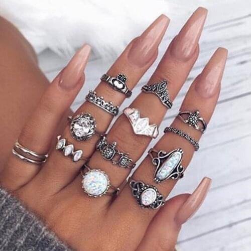 LIMARIO 12pcs/Set Vintage Antique Silver Color Turtle Heart Carved Opals Knuckle Midi Finger Rings for Women Party Jewelry