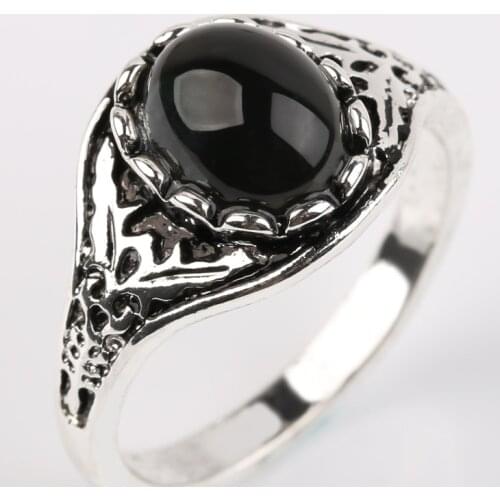 Fashion Personality Black Stone Rings for Women Charm Wedding Party Silver Color Carved Pattern Ring Birthday Gift Jewelry