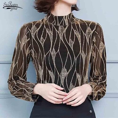 2021 Autumn Winter New Fashion Long Sleeve T-shirt Female Sexy Retro Blouses Elegant Half High Collar Mesh Tops Blusas 16725