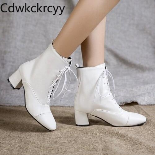 Winter The New fashion Square head Thick with 6CM Martin boots white Sexy Lace Plus velvet Keep warm High heel Women boots 34-45