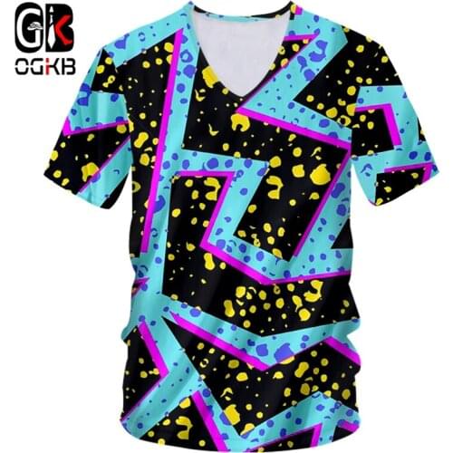OGBK Mens V Neck Tshirts New Arrival Cool Print Blue Flash Light 3D Tshirt Casual T-shirts Man Fitness Workout Tee Shirts 7XL