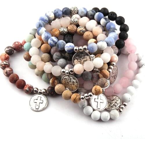 Wholesale Fashion Beautiful Natural Stone Wrist Mala Cross/Heart/Peace /Flower Charm Yoga Bracelet 30pc/lot
