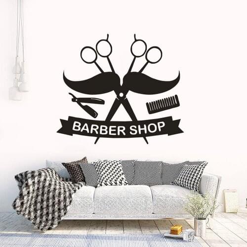 Barber Shop Logo Wall Sticker Mustache Design Vinyl Wall Decal Hair Salon Decor Hiarcut Murals Barbershop Window Decal AY1412