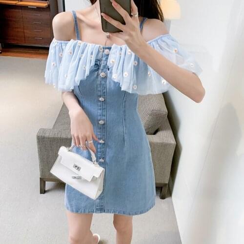 Sexy Denim Dress Jeans Women Off Shoulder Dress Ladies Elegant Casual Summer Slash Neck Embroidered Mesh Ruffle Mini Dress Girl