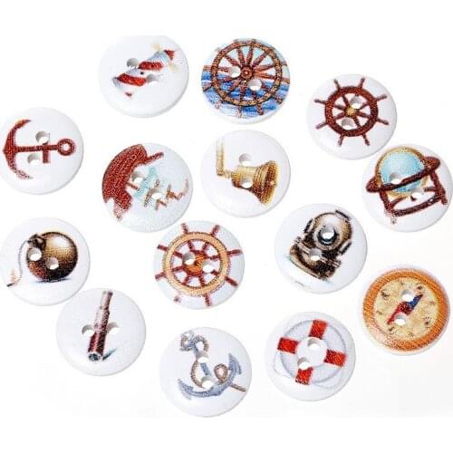 50pcs 15mm anchor/rudder/ship Painting Wood Sewing Buttons Scrapbooking Round 2 Holes Mixed For handmake PD00329-4X