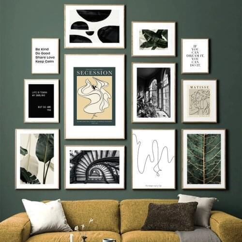 Green leaf Figure line Abstract Wall Art Print Canvas Painting Garden Stairs Nordic Vintage Poster Decor Picture For Living Room