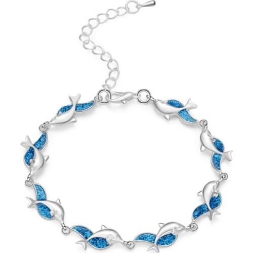 Trendy Silver Plated Link Chain Blue Opalite Opal Bracelet Stackable Lovely Dolphin Animal Jewelry
