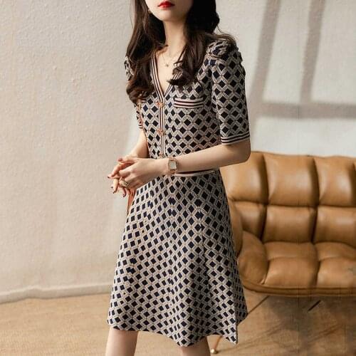 Vintage Argyle Sweater Dress Women 2021 Summer Short Sleeve V Neck Knitted Dresses Plus Size Elegant Party Dress vestidos