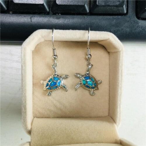 Vintage Silver Color Animal Earrings Cute Small Sea Turtle Drop Earrings Blue Opal Stone Dangle Earrings For Women Charm Jewelry