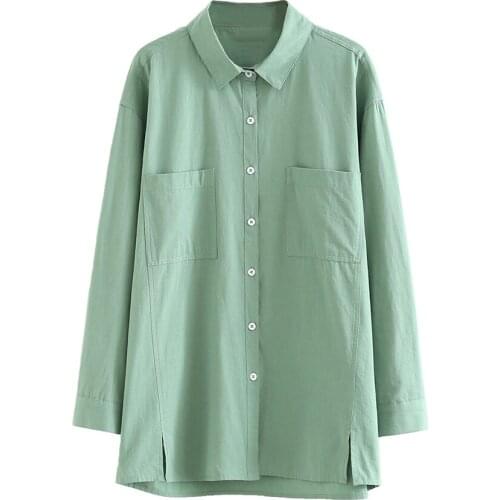 Plus Autumn Blouse Turn Down Collar Pocket Womens Tops And Blouses Big Size Women Cotton Shirts Blusas Roupa Feminina