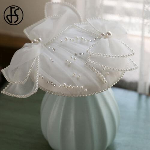 FS Imitation Sinamay White Hats For Women Fascinator Hat Wedding Cocktail Party Church Headpiece Fashion Pearls Bowknot Headwear