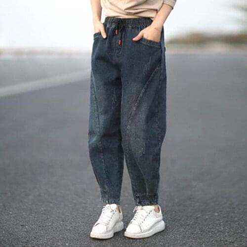 Johnature 2020 New Winter Women Jeans Plush Full Length Elastic Waist Loose Casual Korean Style Bleached Mid Waist Ladies Jeans
